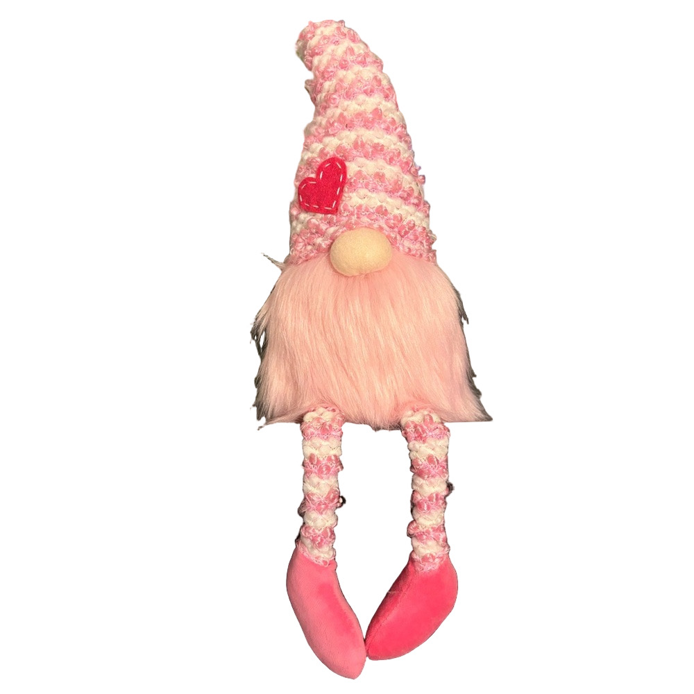 Valentine’s Day Pink Plush Gnome Shelf Sitter Dangling Legs Heart Decor